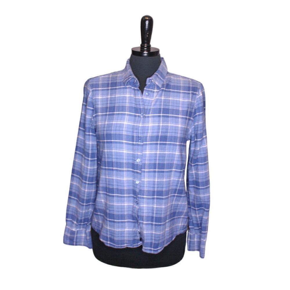 Massimo Dutti Plaid Button Up Shirt Cotton Linen Blue White Size 8